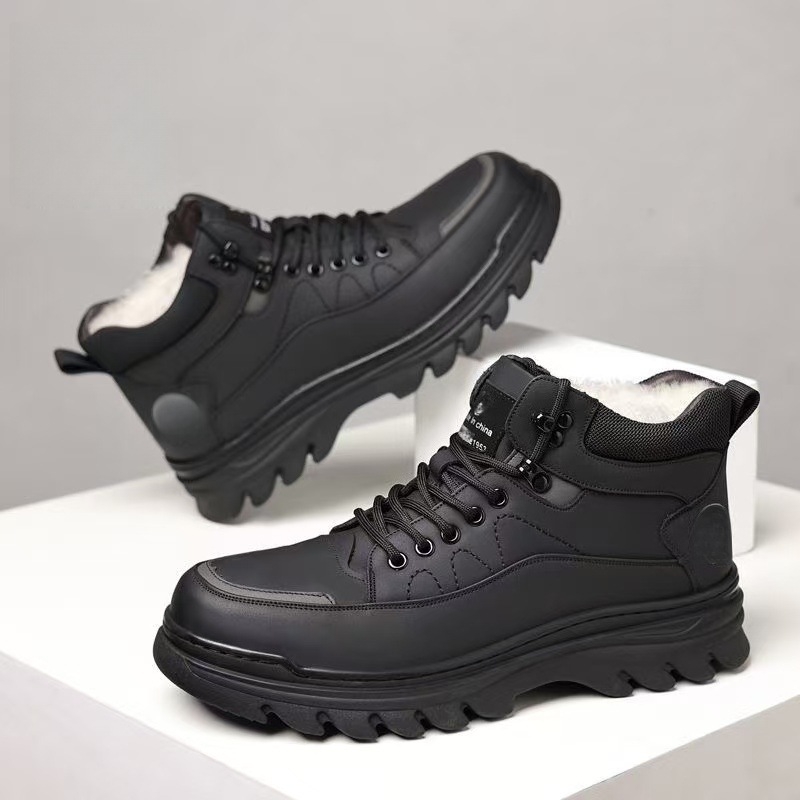 Ghete de iarnă pentru bărbați, căptușite cu fleece, PU partea superioară, talpă turnată prin injecție, antiderapante, toc mic