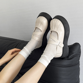 Loafers Mary Jane stil, talpă groasă, vârf rotund, partea superioară cu dungi, toc mediu 3–5 cm