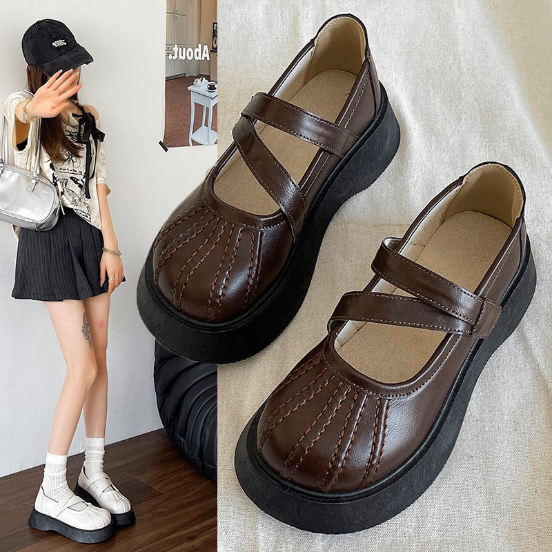 Loafers Mary Jane stil, talpă groasă, vârf rotund, partea superioară cu dungi, toc mediu 3–5 cm