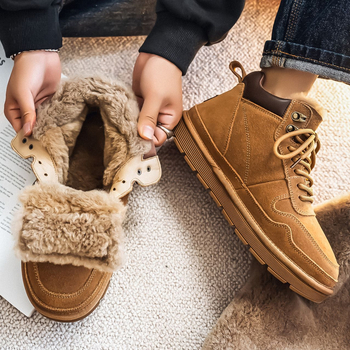 Ghete de zăpadă pentru bărbați, căptușite cu fleece pentru căldură, înălțime scurtă, partea superioară din velur de vită, talpă din cauciuc anti-derapare, căptușeală interioară din lână și blană de oaie