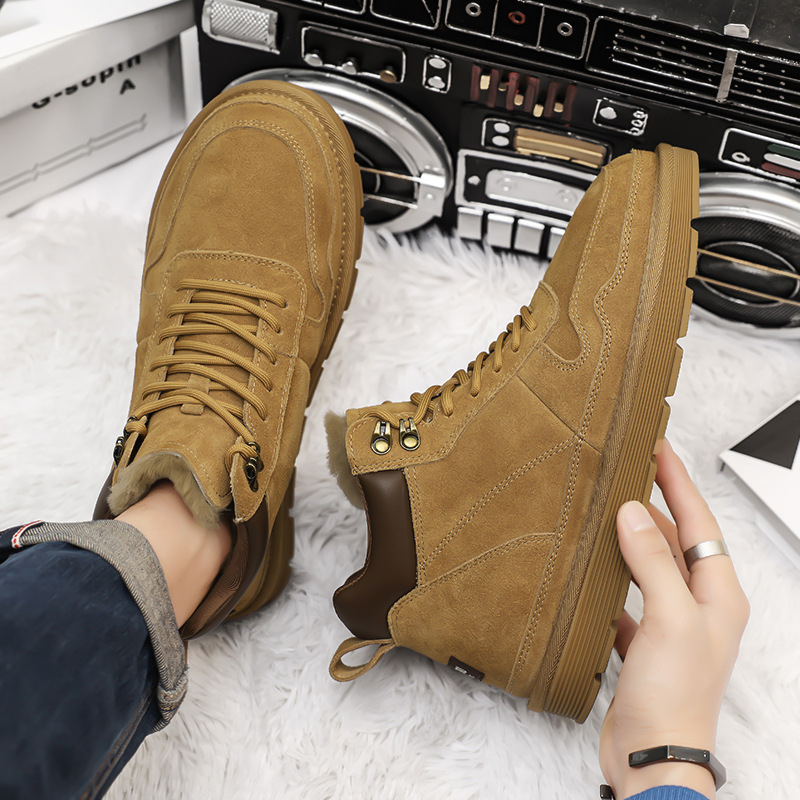 Ghete de zăpadă pentru bărbați, căptușite cu fleece pentru căldură, înălțime scurtă, partea superioară din velur de vită, talpă din cauciuc anti-derapare, căptușeală interioară din lână și blană de oaie