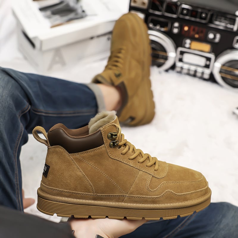 Ghete de zăpadă pentru bărbați, căptușite cu fleece pentru căldură, înălțime scurtă, partea superioară din velur de vită, talpă din cauciuc anti-derapare, căptușeală interioară din lână și blană de oaie