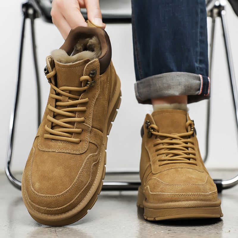 Ghete de zăpadă pentru bărbați, căptușite cu fleece pentru căldură, înălțime scurtă, partea superioară din velur de vită, talpă din cauciuc anti-derapare, căptușeală interioară din lână și blană de oaie