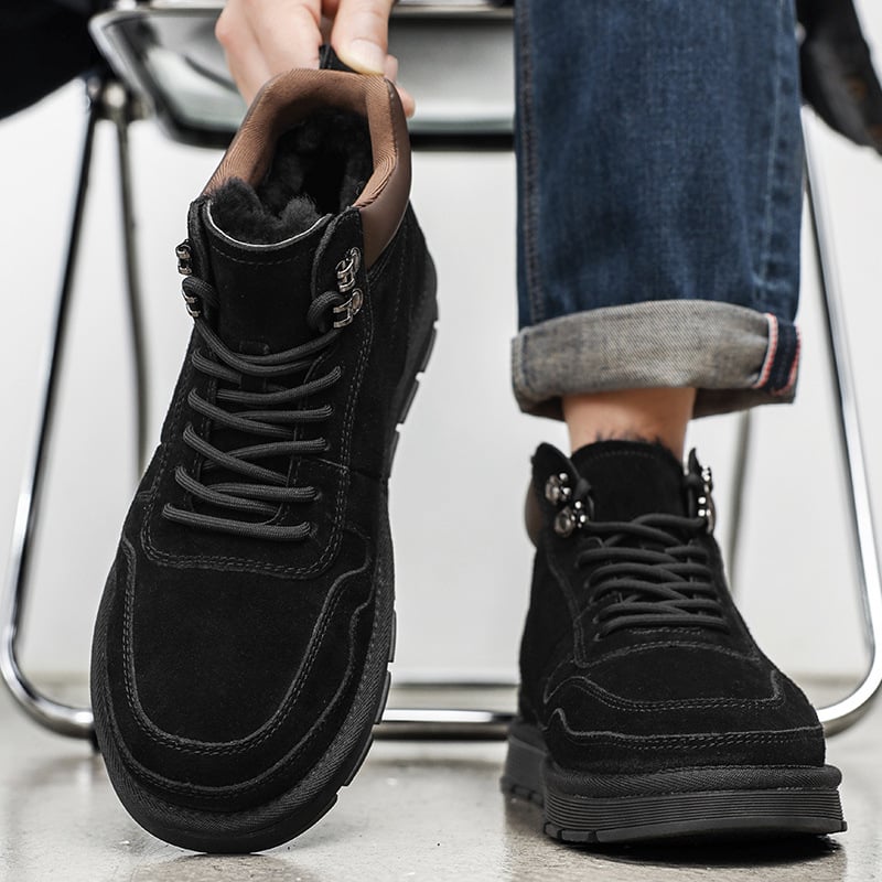 Ghete de zăpadă pentru bărbați, căptușite cu fleece pentru căldură, înălțime scurtă, partea superioară din velur de vită, talpă din cauciuc anti-derapare, căptușeală interioară din lână și blană de oaie