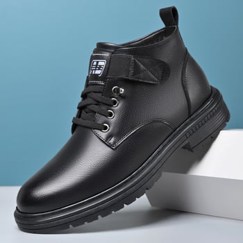 Ghete Martin de iarnă pentru bărbați, înalte, cu căptușeală groasă din catifea, partea superioară din piele de vită split, talpă din cauciuc, impermeabile