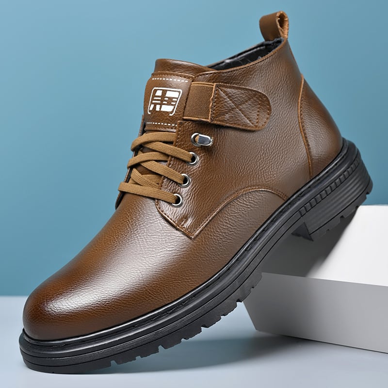 Ghete Martin de iarnă pentru bărbați, înalte, cu căptușeală groasă din catifea, partea superioară din piele de vită split, talpă din cauciuc, impermeabile