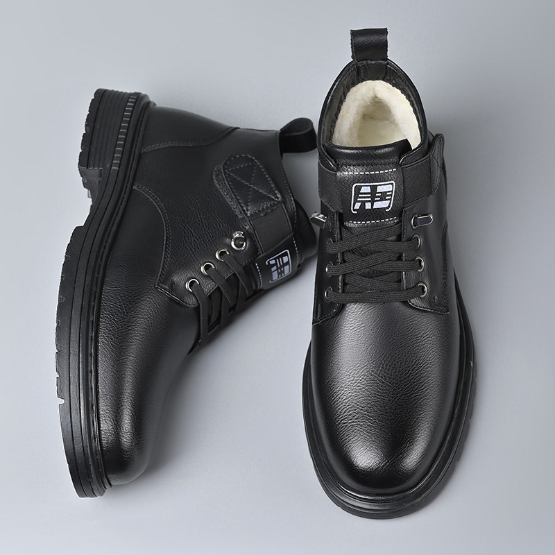 Ghete Martin de iarnă pentru bărbați, înalte, cu căptușeală groasă din catifea, partea superioară din piele de vită split, talpă din cauciuc, impermeabile