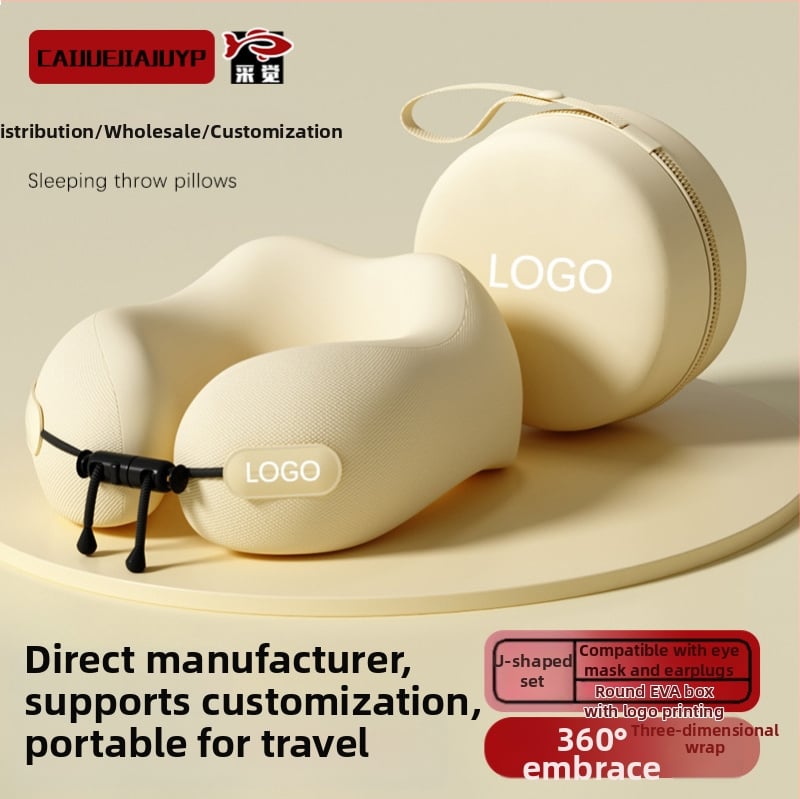 У-образна пътуваща възглавничка за шия с паметна пяна, калъф полиестер-памук, лека под 0,5 кг