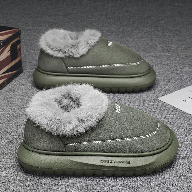 Papuci de bărbați din piele, căptuți cu fleece pentru iarnă, talpă PVC groasă, pentru interior și exterior