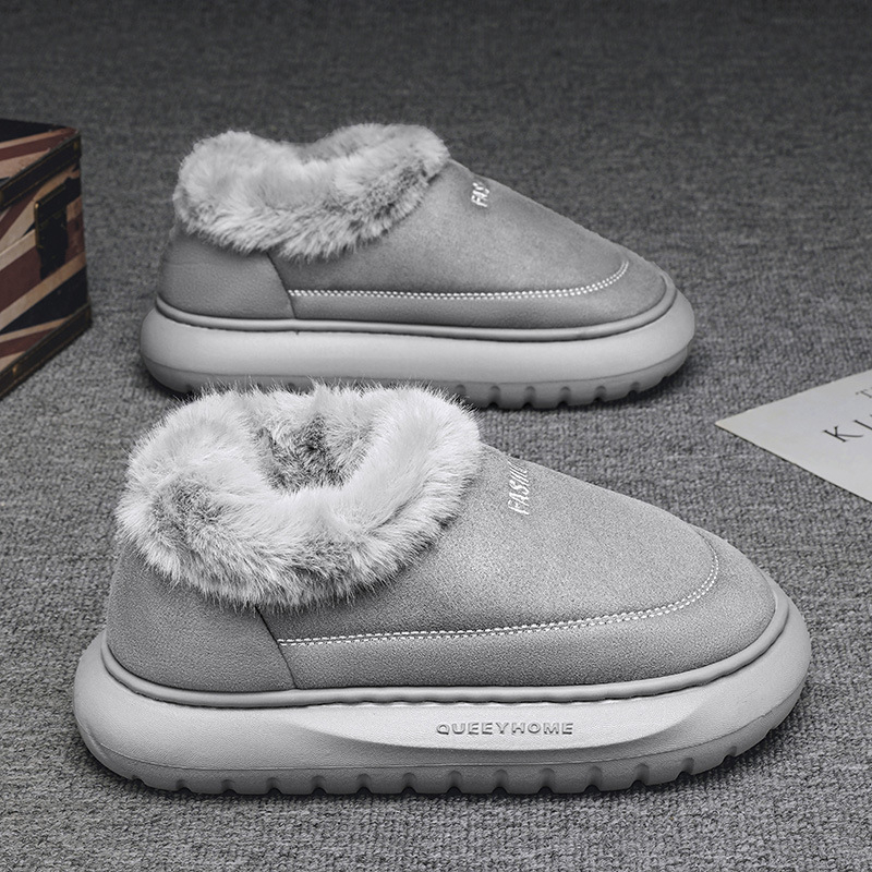 Papuci de bărbați din piele, căptuți cu fleece pentru iarnă, talpă PVC groasă, pentru interior și exterior