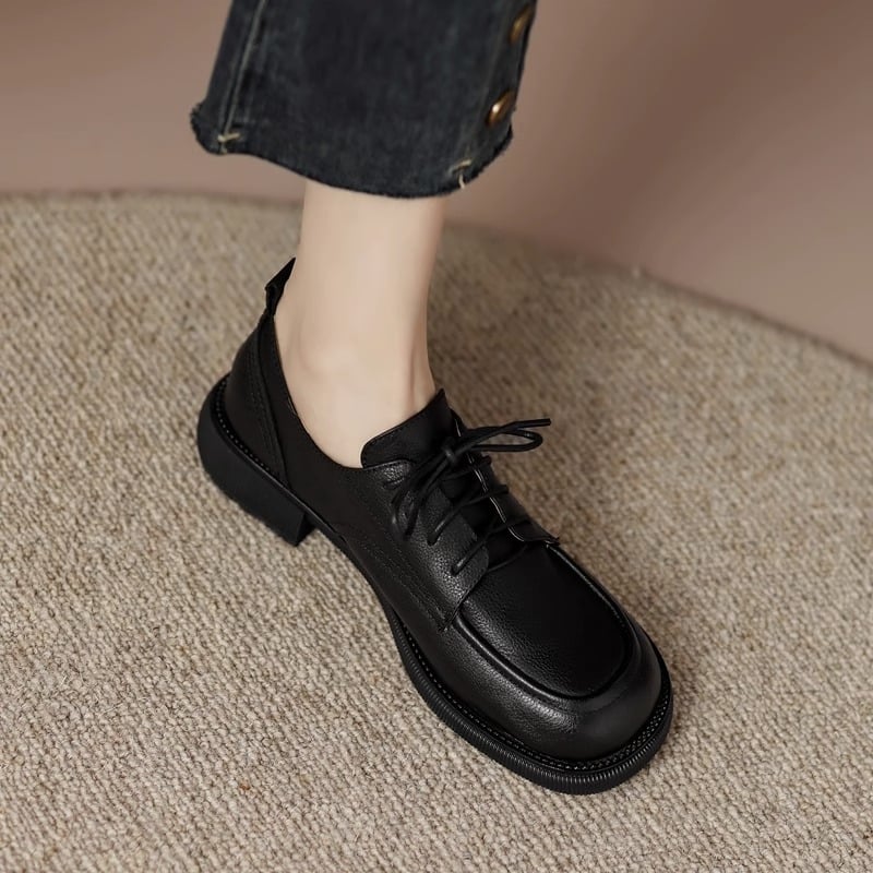 Pantofi loafer din piele naturală cu șiret, vârf pătrat, talpă plată, talpă din cauciuc