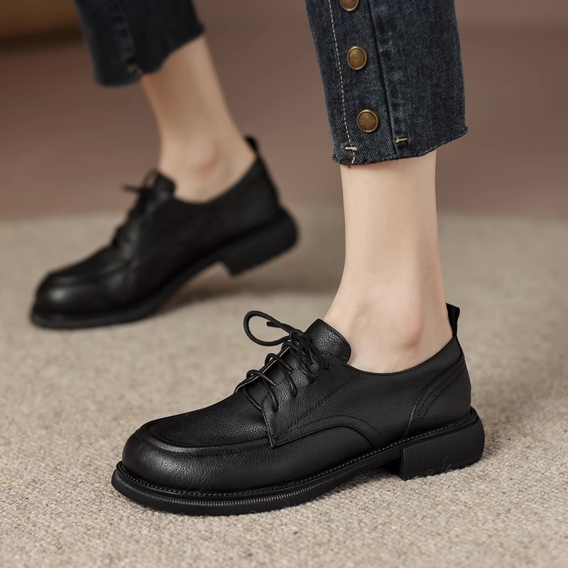 Pantofi loafer din piele naturală cu șiret, vârf pătrat, talpă plată, talpă din cauciuc