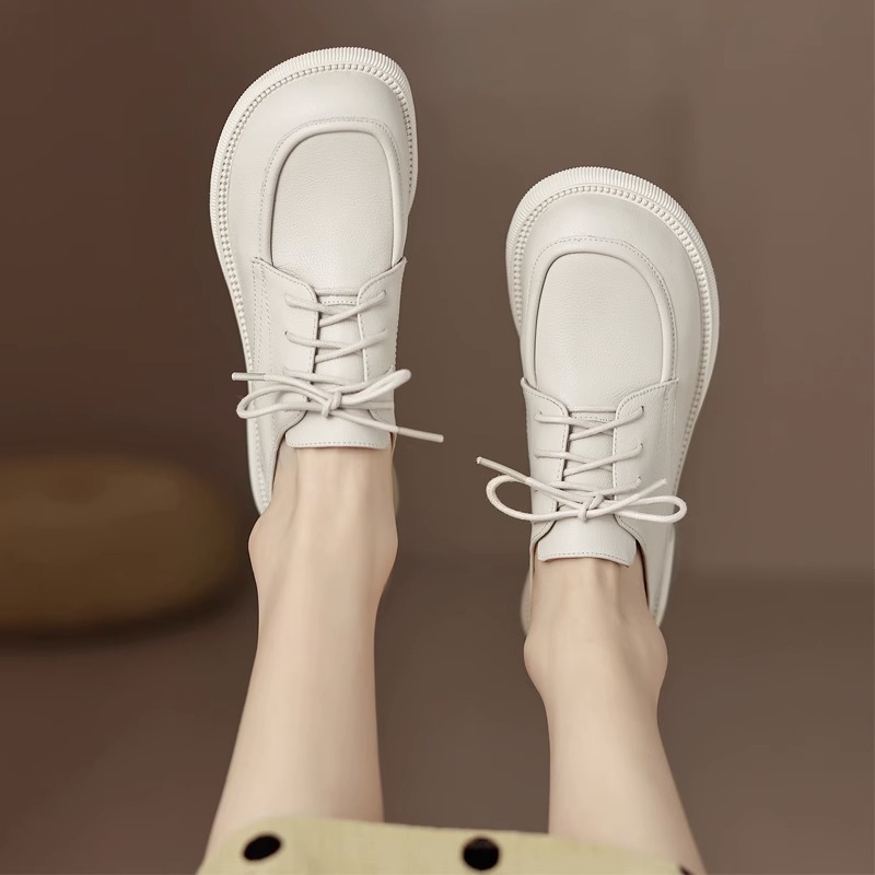 Pantofi loafer din piele naturală cu șiret, vârf pătrat, talpă plată, talpă din cauciuc