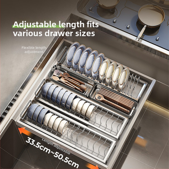 Regal za pohranu posuđa u kuhinjskom ormariću s pregradom ladice — 304 nehrđajući čelik, višenamjenski, moderan stil, lansiranje 2025