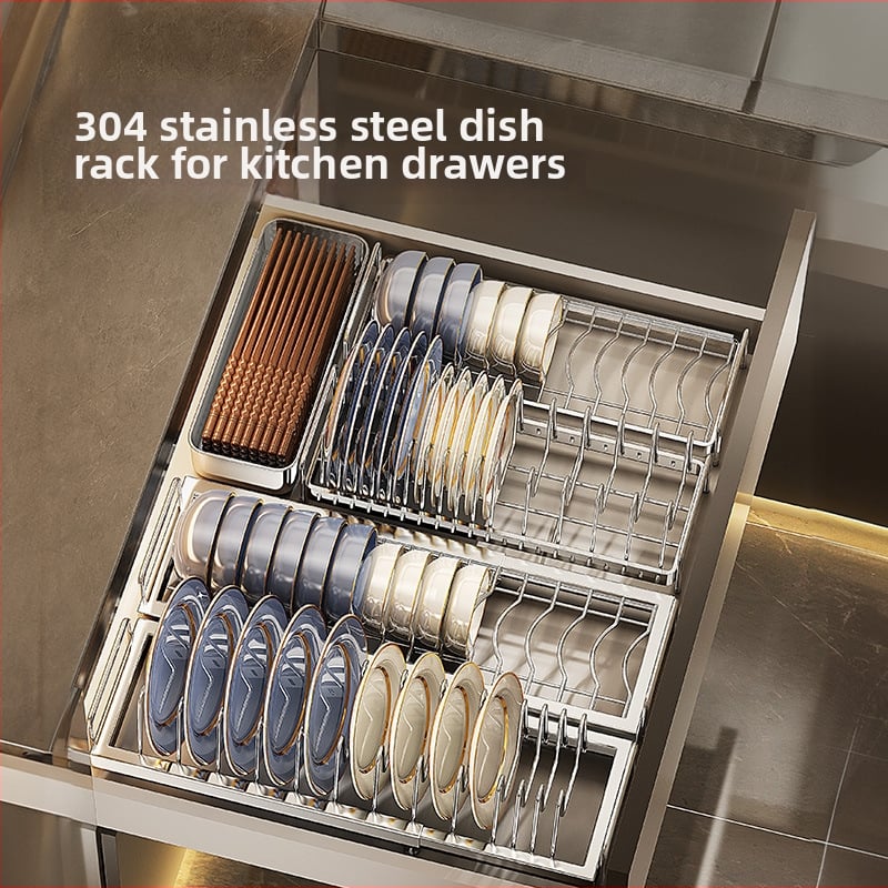 Regal za pohranu posuđa u kuhinjskom ormariću s pregradom ladice — 304 nehrđajući čelik, višenamjenski, moderan stil, lansiranje 2025