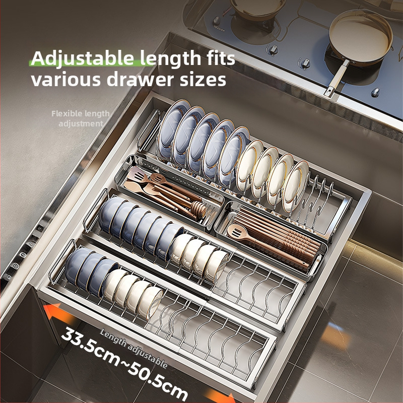 Regal za pohranu posuđa u kuhinjskom ormariću s pregradom ladice — 304 nehrđajući čelik, višenamjenski, moderan stil, lansiranje 2025