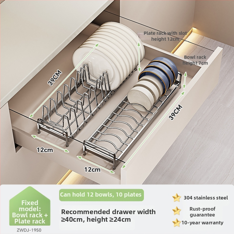 Regal za pohranu posuđa u kuhinjskom ormariću s pregradom ladice — 304 nehrđajući čelik, višenamjenski, moderan stil, lansiranje 2025