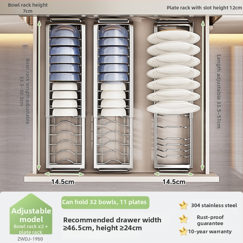 Regal za pohranu posuđa u kuhinjskom ormariću s pregradom ladice — 304 nehrđajući čelik, višenamjenski, moderan stil, lansiranje 2025
