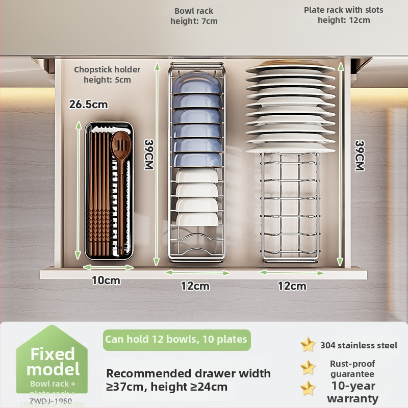 Regal za pohranu posuđa u kuhinjskom ormariću s pregradom ladice — 304 nehrđajući čelik, višenamjenski, moderan stil, lansiranje 2025