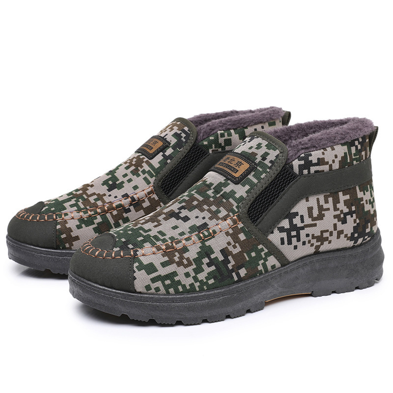 Papuci de casă pentru bărbați, camuflaj cu fleece, înalți, slip-on, din canvas, talpă din cauciuc