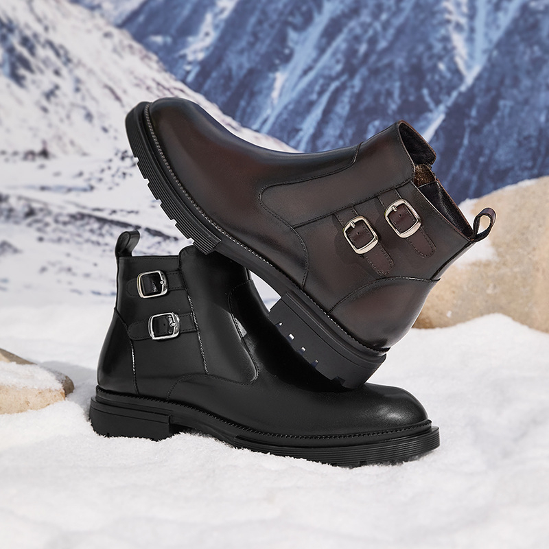 Papuci de casă de iarnă din piele de vită, talpă din cauciuc, construcție groasă, încălziți – Brand BOGARETE BV