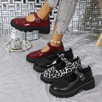 Mary Jane cipele, japanski stil, leopard uzorak, okrugli vrh, debeli potpetica 3–5 cm, kopčanje s kopčom