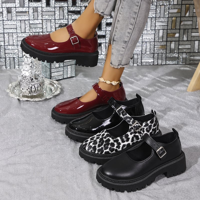 Mary Jane cipele, japanski stil, leopard uzorak, okrugli vrh, debeli potpetica 3–5 cm, kopčanje s kopčom