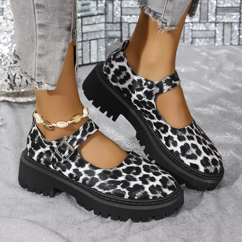 Mary Jane cipele, japanski stil, leopard uzorak, okrugli vrh, debeli potpetica 3–5 cm, kopčanje s kopčom