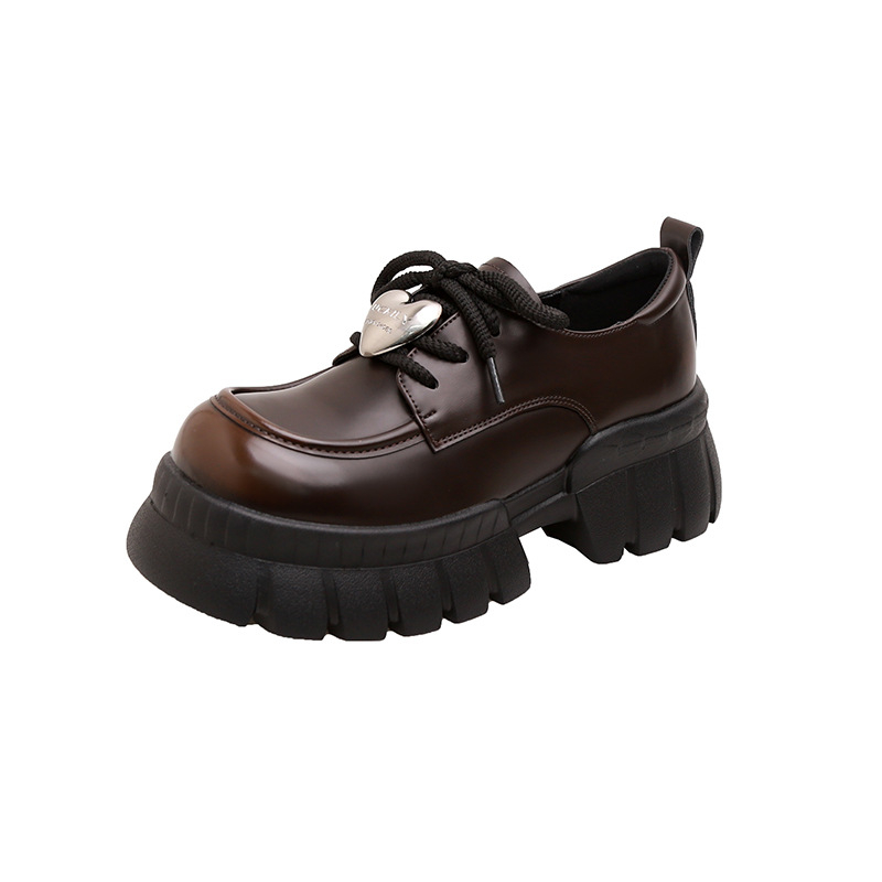 Ženske loafers s debelim potplatom od prave kože — okrugli vrh, visina pete 6–8 cm, metalna kopča, vezanje