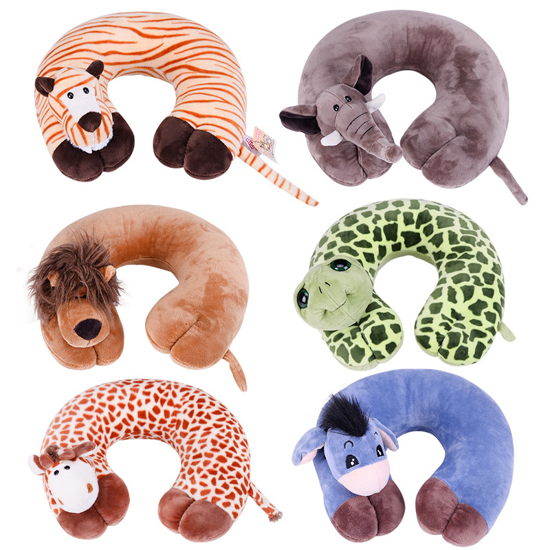 У-образна пътна възглавница с анимационни животни, пълнител полиестерно влакно, плат химическо влакно, стил анимационен, подходяща за деца и за възрастни, подпира шията по време на сън