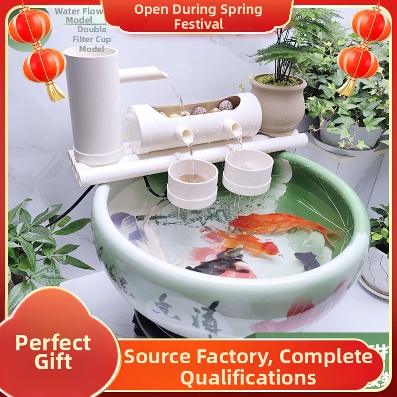 Αντλία κυκλοφορίας νερού για ενυδρείο με φιλτράρισμα και αερισμό, κυκλικό διακοσμητικό από κεραμικά πλακίδια για ψάρια και χελώνες