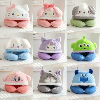 У-образна възглавница за шия с качулка, преносима за пътуване, кристално кадифе, полиестерен пълнеж, Инс стил