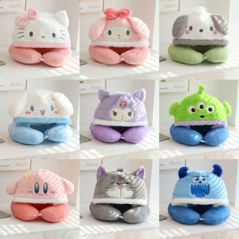 У-образна възглавница за шия с качулка, преносима за пътуване, кристално кадифе, полиестерен пълнеж, Инс стил