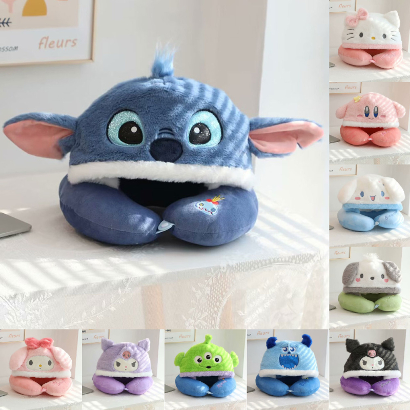 У-образна възглавница за шия с качулка, преносима за пътуване, кристално кадифе, полиестерен пълнеж, Инс стил