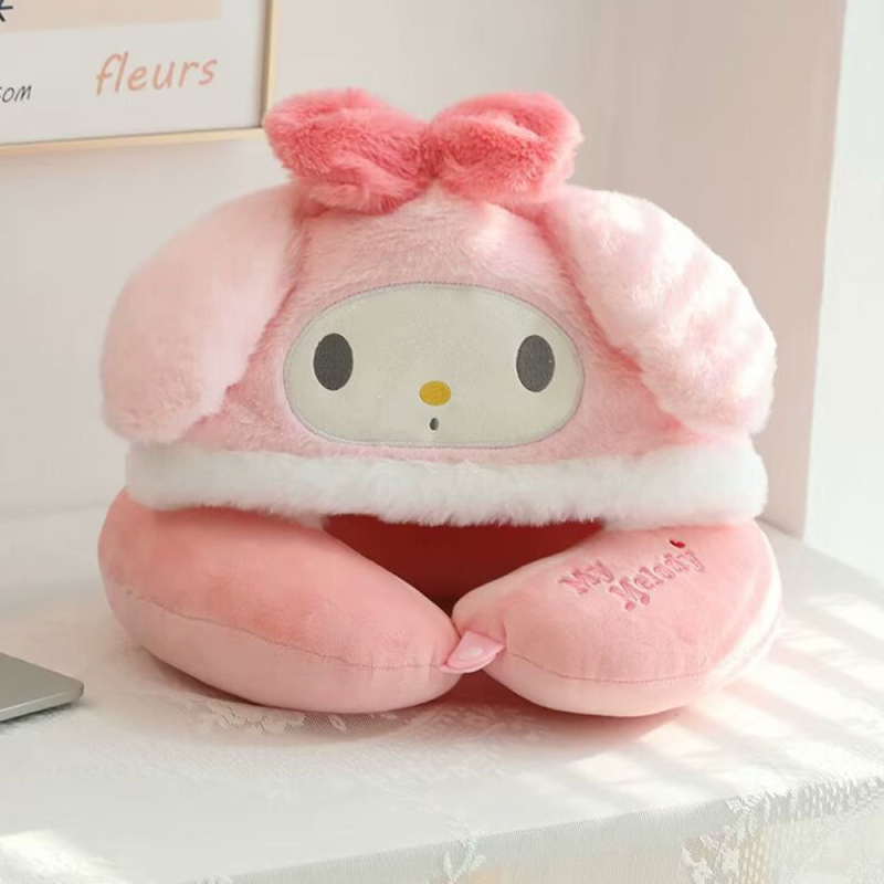 У-образна възглавница за шия с качулка, преносима за пътуване, кристално кадифе, полиестерен пълнеж, Инс стил