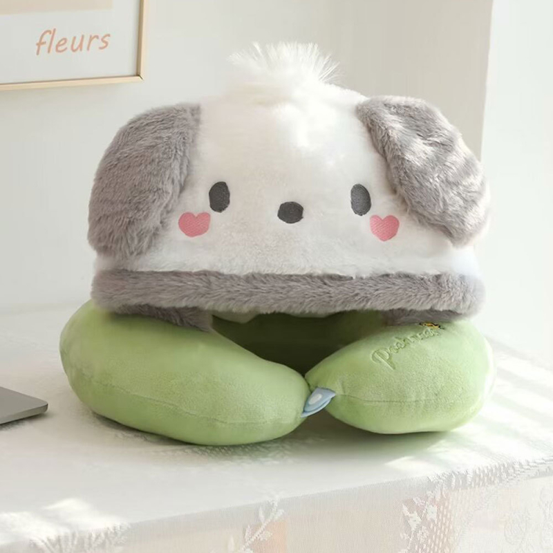 У-образна възглавница за шия с качулка, преносима за пътуване, кристално кадифе, полиестерен пълнеж, Инс стил