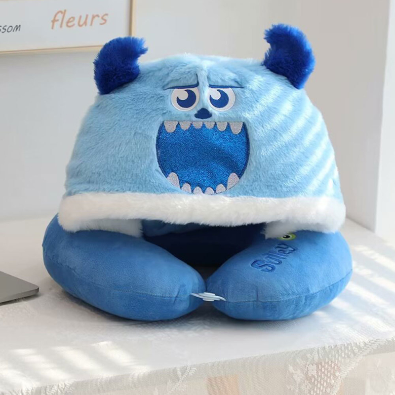 У-образна възглавница за шия с качулка, преносима за пътуване, кристално кадифе, полиестерен пълнеж, Инс стил