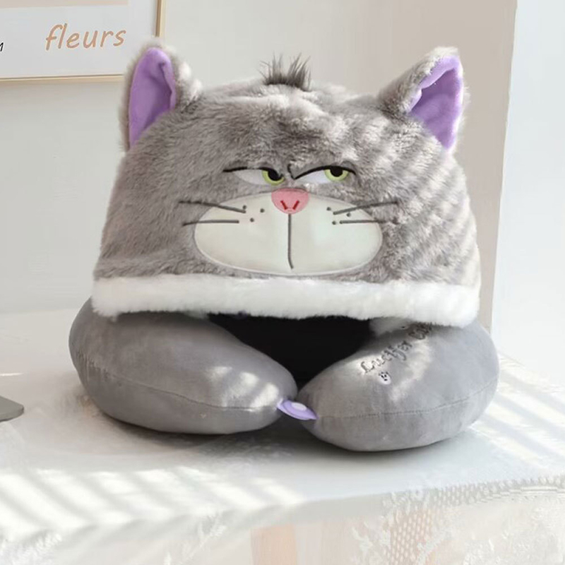 У-образна възглавница за шия с качулка, преносима за пътуване, кристално кадифе, полиестерен пълнеж, Инс стил