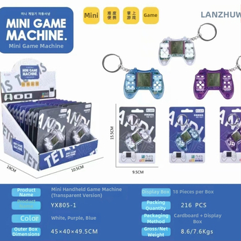 Prenosná ručná herná konzola s roztomilým kresleným dizajnom, zabudovaná klasická hra Tetris, nostalgický štýl, napájaná batériou typu gombík