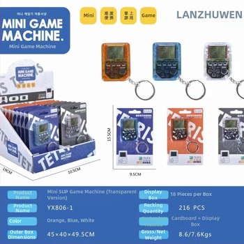 Prenosná ručná herná konzola s roztomilým kresleným dizajnom, zabudovaná klasická hra Tetris, nostalgický štýl, napájaná batériou typu gombík