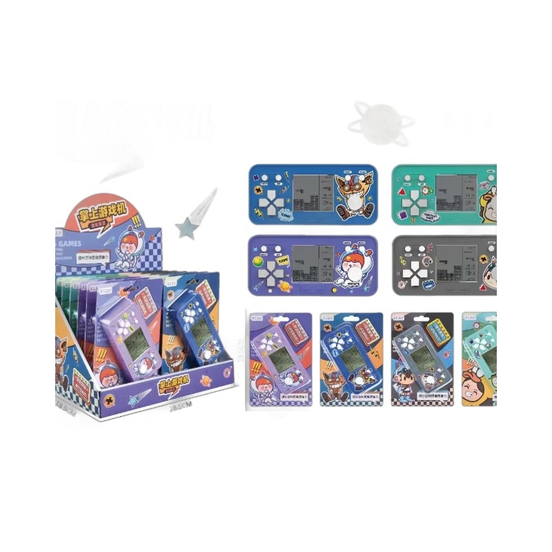 Kézben tartható hordozható játékkonzol aranyos rajzfilmszerű dizájnnal, beépített Tetris klasszikus játékkal, nosztalgikus stílus, gombos elemmel működik