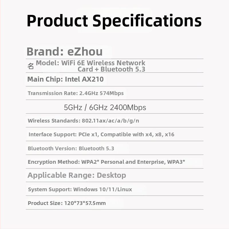 Cardă de rețea wireless PCIe WiFi 6 tri-band 2,4/5/6 GHz Bluetooth 5.3 AX210 5374 Mbps