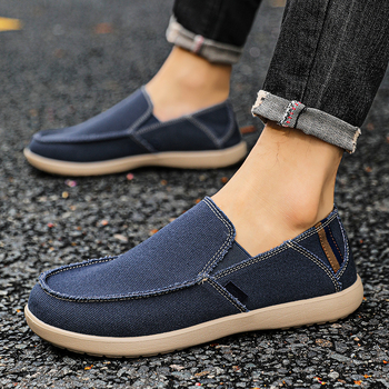 Muške platnene slip-on mokasice — prozračne, lagane, antislip, otporne na habanje; niski gornji dio, zaobljeni nos, gumasta podmetačka, tekstilni ulošak