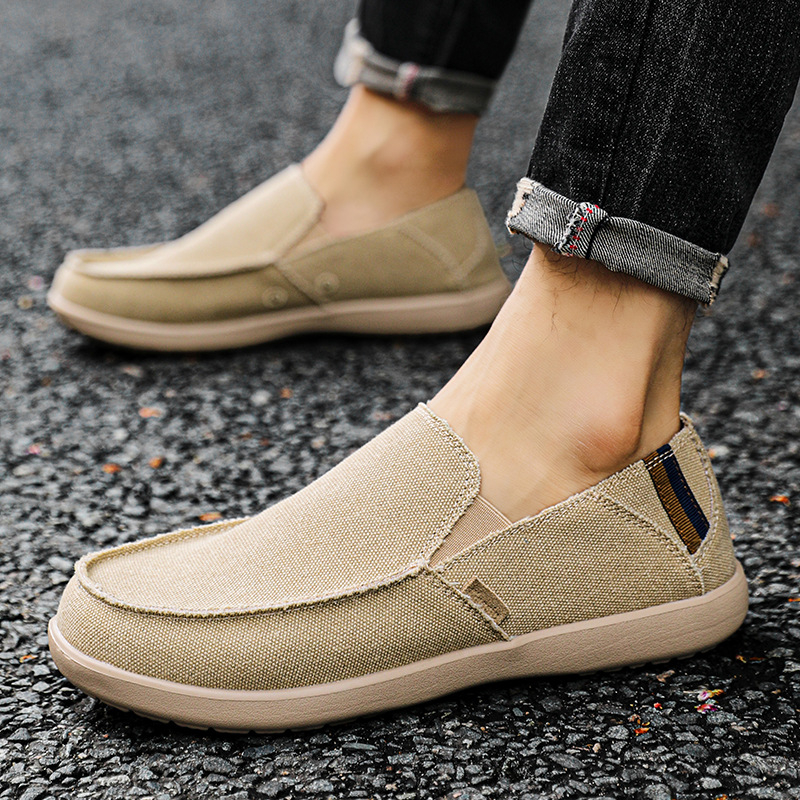 Muške platnene slip-on mokasice — prozračne, lagane, antislip, otporne na habanje; niski gornji dio, zaobljeni nos, gumasta podmetačka, tekstilni ulošak