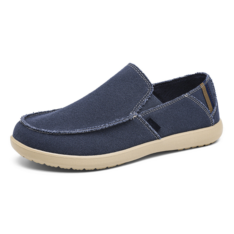 Muške platnene slip-on mokasice — prozračne, lagane, antislip, otporne na habanje; niski gornji dio, zaobljeni nos, gumasta podmetačka, tekstilni ulošak