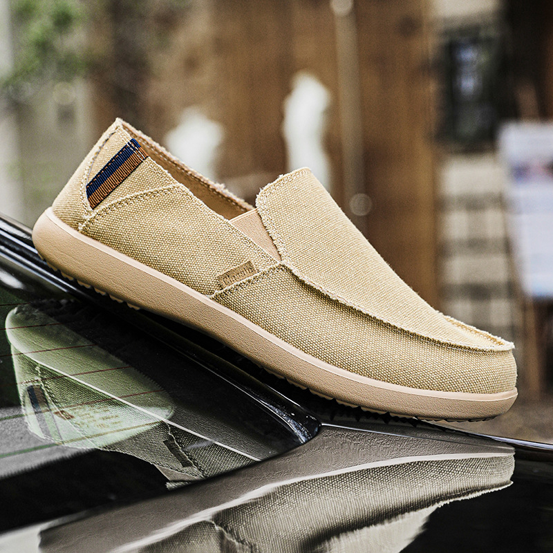 Muške platnene slip-on mokasice — prozračne, lagane, antislip, otporne na habanje; niski gornji dio, zaobljeni nos, gumasta podmetačka, tekstilni ulošak
