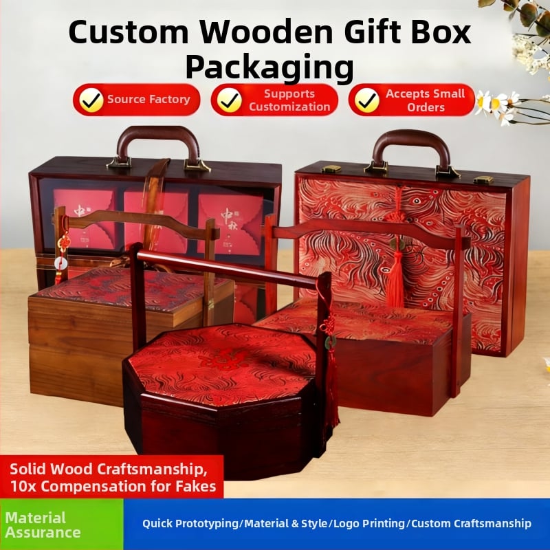 Prilagodljiva drvena kutija za darove s unutarnjom podstavljom, mogućnost tiskanja logotipa, težina oko 2 kg, univerzalno pakiranje za kolačiće i Mooncakes