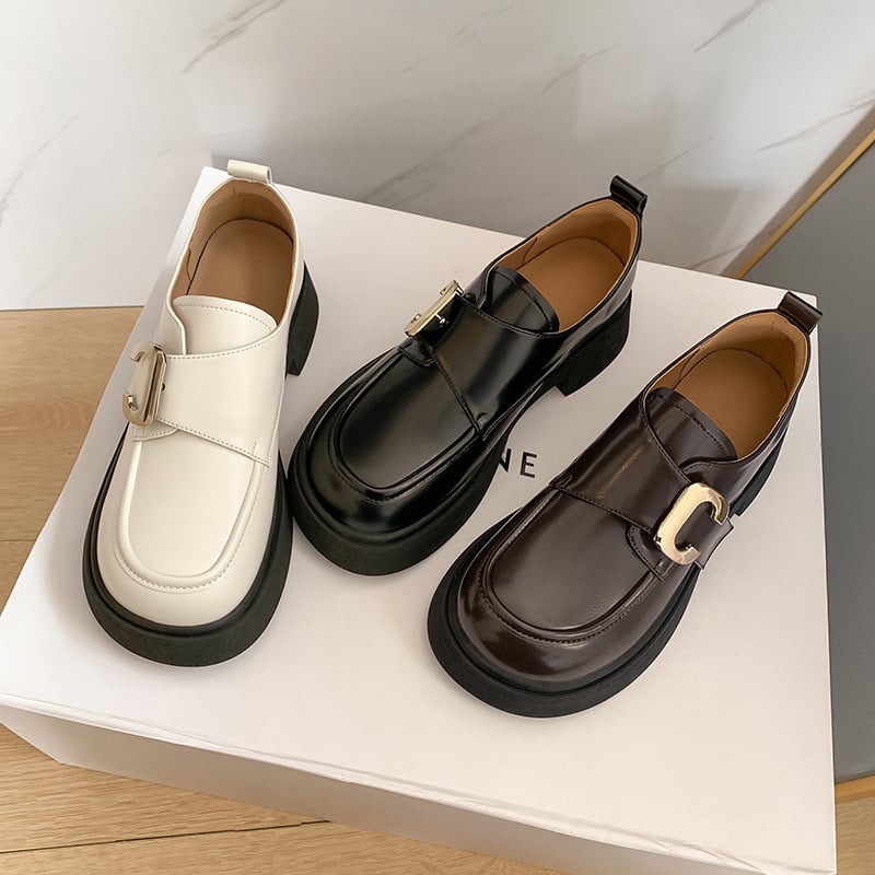 Loafers με στρογγυλό δάχτυλο, δέρμα αγελάδας, βρετανικό στυλ, μεσαίο ύψος τακουνιού 3-5 cm, καουτσούκ σόλα