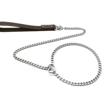 Kutyás láncos póráz, 304 rozsdamentes acél és valódi bőr, harapás elleni edzés, IP engedély, vontató póráz