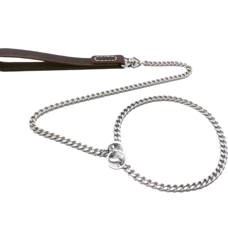 Kutyás láncos póráz, 304 rozsdamentes acél és valódi bőr, harapás elleni edzés, IP engedély, vontató póráz